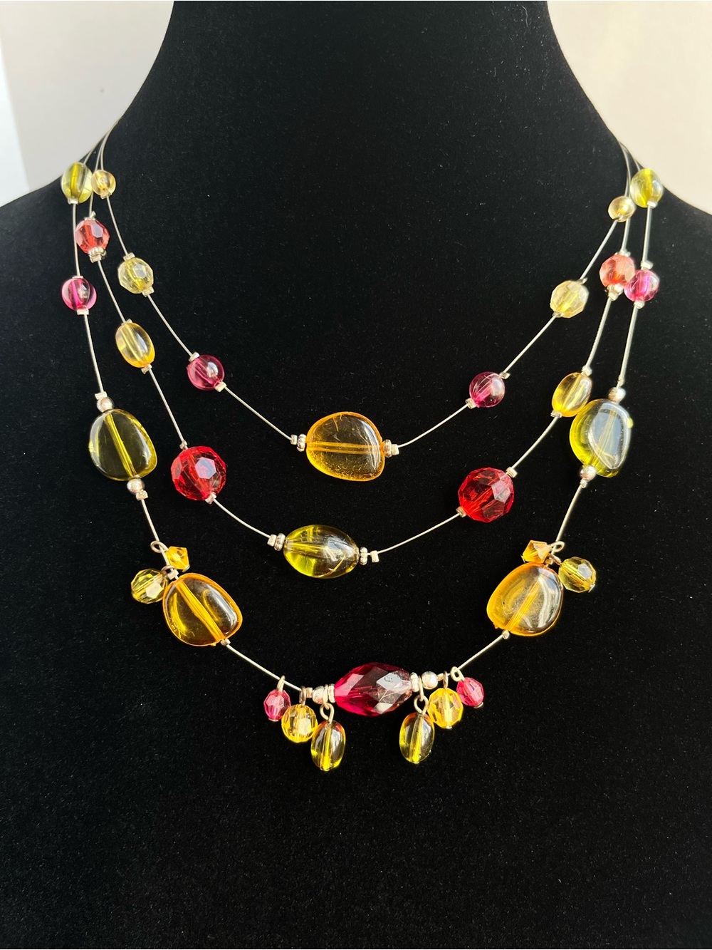 Multicolor Multi-Strand Beaded Necklace - Amber, Yellow & Berry Red - 16"+3"